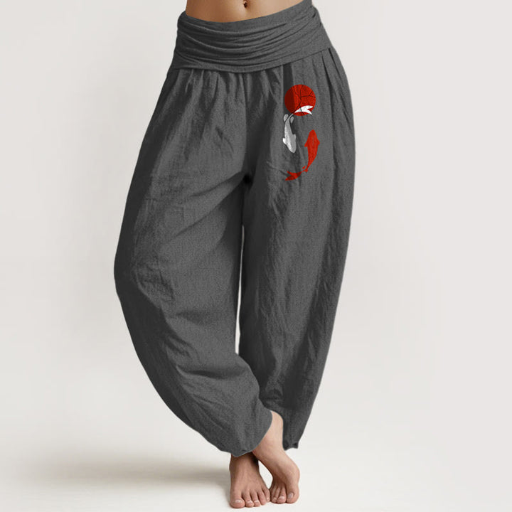 Buddha Stones Damen-Haremshose mit Koi-Fisch- und rotem Sonnenmuster aus reiner Baumwolle mit elastischem Bund - DimGray - US16, UK/AU20, EU48 (3XL) - image 5