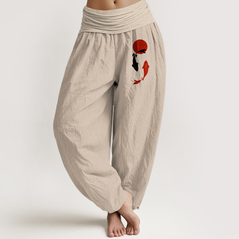 Buddha Stones Damen-Haremshose mit Koi-Fisch- und rotem Sonnenmuster aus reiner Baumwolle mit elastischem Bund - Bräunen - US16, UK/AU20, EU48 (3XL) - image 8
