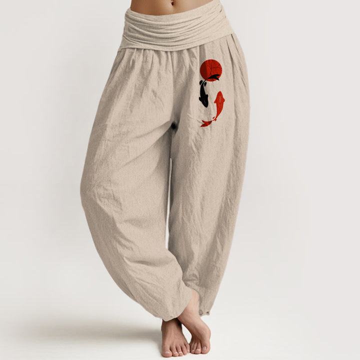 Buddha Stones Damen-Haremshose mit Koi-Fisch- und rotem Sonnenmuster aus reiner Baumwolle mit elastischem Bund - Bräunen - US16, UK/AU20, EU48 (3XL) - image 8