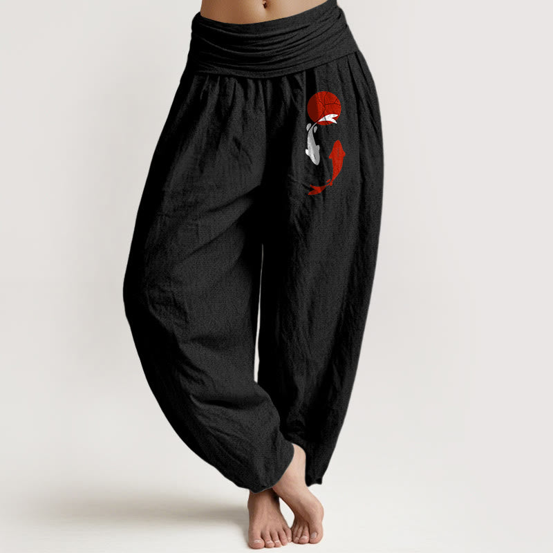 Buddha Stones Damen-Haremshose mit Koi-Fisch- und rotem Sonnenmuster aus reiner Baumwolle mit elastischem Bund - Schwarz - US16, UK/AU20, EU48 (3XL) - image 14