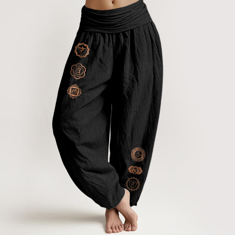Buddha Stones Lässige Haremshose aus reiner Baumwolle mit Chakra-Symbolmuster und elastischem Bund für Damen - Schwarz - US16, UK/AU20, EU48 (3XL) - image 0