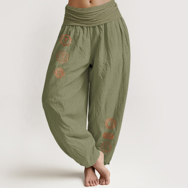 Buddha Stones Lässige Haremshose aus reiner Baumwolle mit Chakra-Symbolmuster und elastischem Bund für Damen - Olivgrün - US16, UK/AU20, EU48 (3XL) - image 14