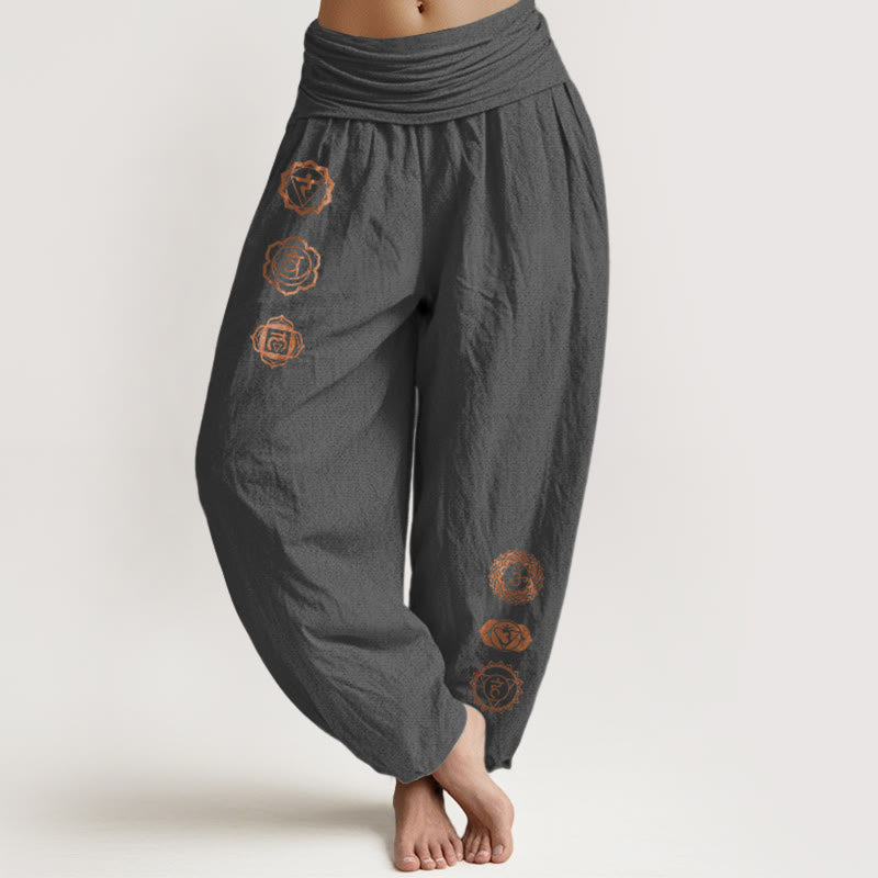 Buddha Stones Lässige Haremshose aus reiner Baumwolle mit Chakra-Symbolmuster und elastischem Bund für Damen - DimGray - US16, UK/AU20, EU48 (3XL) - image 8