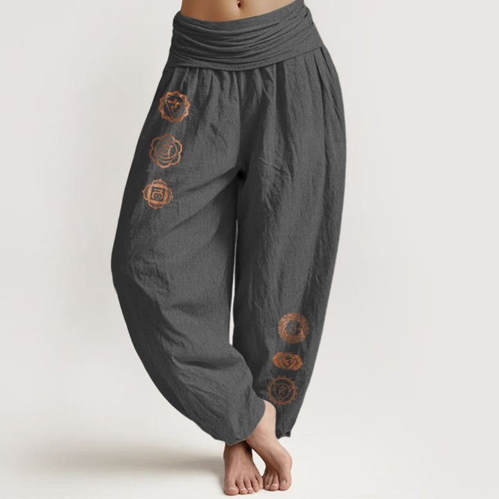 Buddha Stones Lässige Haremshose aus reiner Baumwolle mit Chakra-Symbolmuster und elastischem Bund für Damen - DimGray - US16, UK/AU20, EU48 (3XL) - image 8