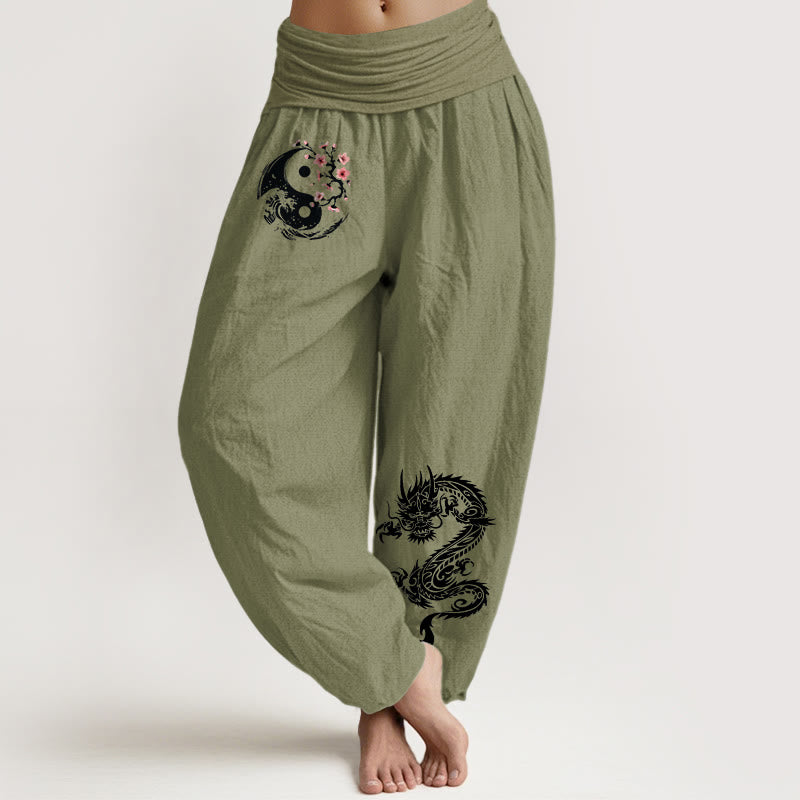 Buddha Stones, Drachen-Yin-Yang-Wellen-Blumenmuster, Haremshose aus reiner Baumwolle mit elastischem Bund für Damen - Olivgrün - US16, UK/AU20, EU48 (3XL) - image 14