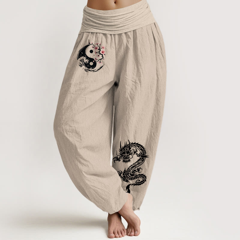 Buddha Stones, Drachen-Yin-Yang-Wellen-Blumenmuster, Haremshose aus reiner Baumwolle mit elastischem Bund für Damen - Bräunen - US16, UK/AU20, EU48 (3XL) - image 11