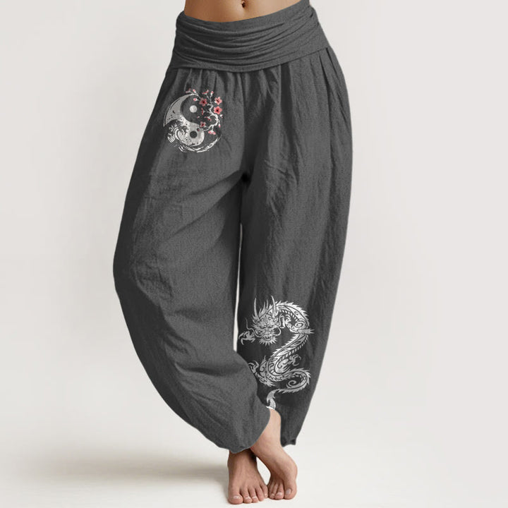 Buddha Stones, Drachen-Yin-Yang-Wellen-Blumenmuster, Haremshose aus reiner Baumwolle mit elastischem Bund für Damen - DimGray - US16, UK/AU20, EU48 (3XL) - image 8