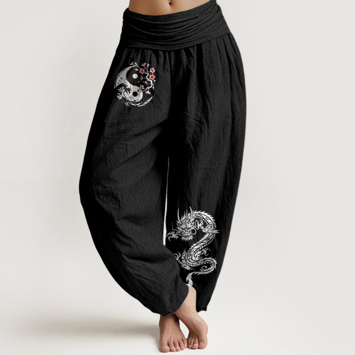 Buddha Stones, Drachen-Yin-Yang-Wellen-Blumenmuster, Haremshose aus reiner Baumwolle mit elastischem Bund für Damen - Schwarz - US16, UK/AU20, EU48 (3XL) - image 0