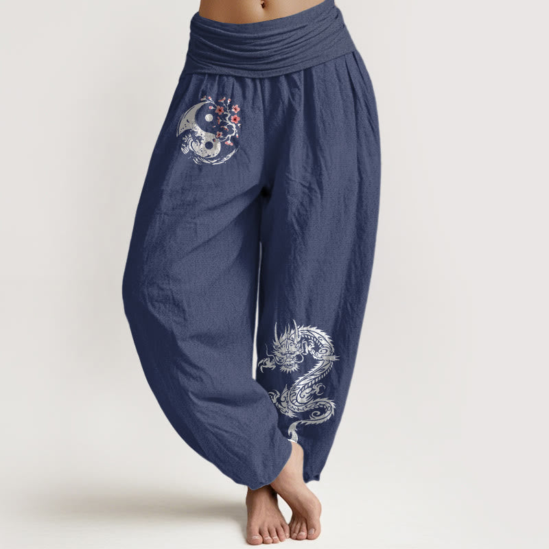 Buddha Stones, Drachen-Yin-Yang-Wellen-Blumenmuster, Haremshose aus reiner Baumwolle mit elastischem Bund für Damen - Dunkelschieferblau - US16, UK/AU20, EU48 (3XL) - image 5