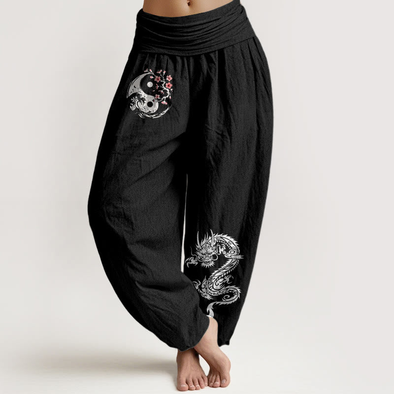 Buddha Stones, Drachen-Yin-Yang-Wellen-Blumenmuster, Haremshose aus reiner Baumwolle mit elastischem Bund für Damen - Schwarz - US16, UK/AU20, EU48 (3XL) - image 0