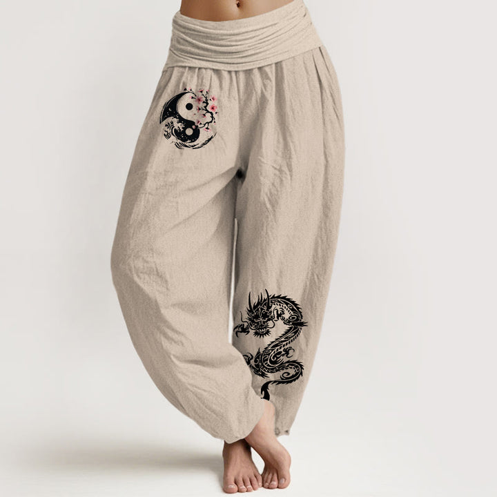 Buddha Stones, Drachen-Yin-Yang-Wellen-Blumenmuster, Haremshose aus reiner Baumwolle mit elastischem Bund für Damen - Bräunen - US16, UK/AU20, EU48 (3XL) - image 11
