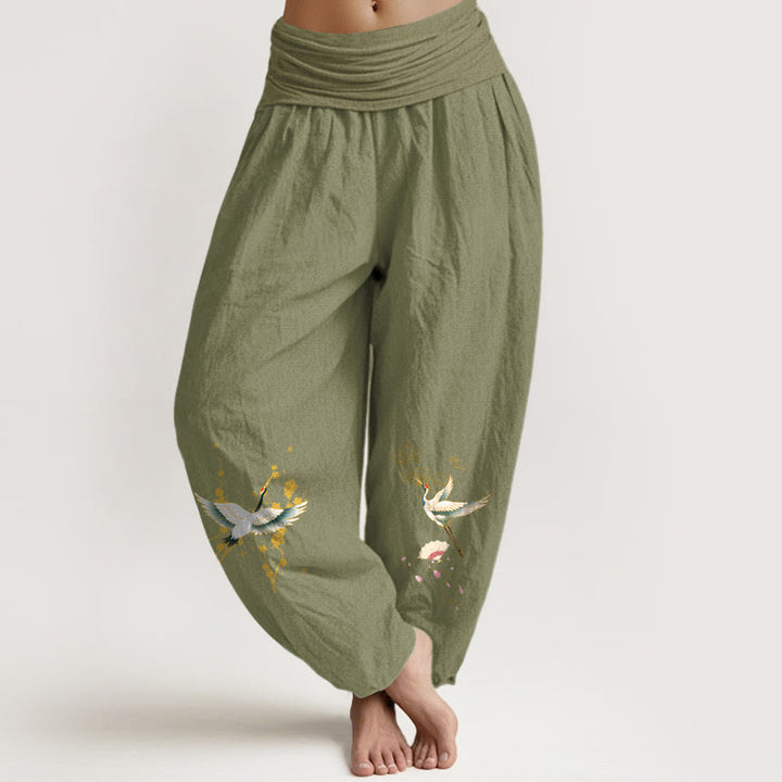 Buddha Stones , Kranich, Glückswolken, Blumenmuster, Haremshose aus reiner Baumwolle mit elastischem Bund für Damen - Olivgrün - US16, UK/AU20, EU48 (3XL) - image 8
