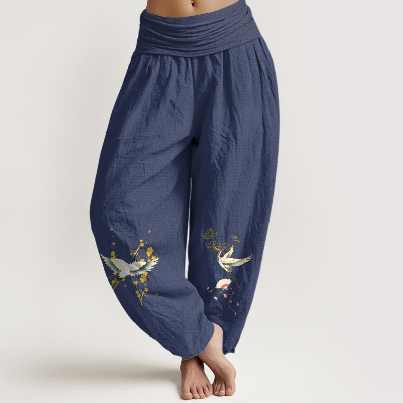 Buddha Stones , Kranich, Glückswolken, Blumenmuster, Haremshose aus reiner Baumwolle mit elastischem Bund für Damen - Dunkelschieferblau - US16, UK/AU20, EU48 (3XL) - image 14