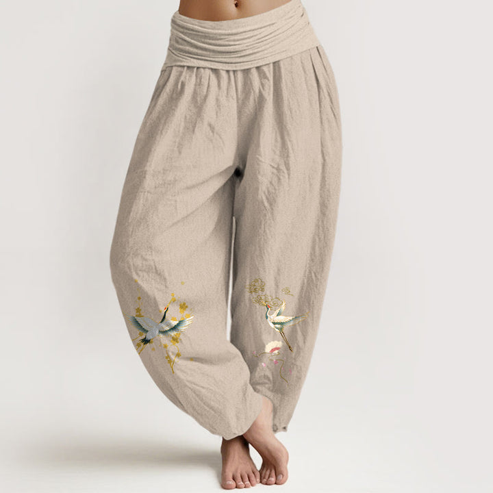 Buddha Stones , Kranich, Glückswolken, Blumenmuster, Haremshose aus reiner Baumwolle mit elastischem Bund für Damen - Bräunen - US16, UK/AU20, EU48 (3XL) - image 5