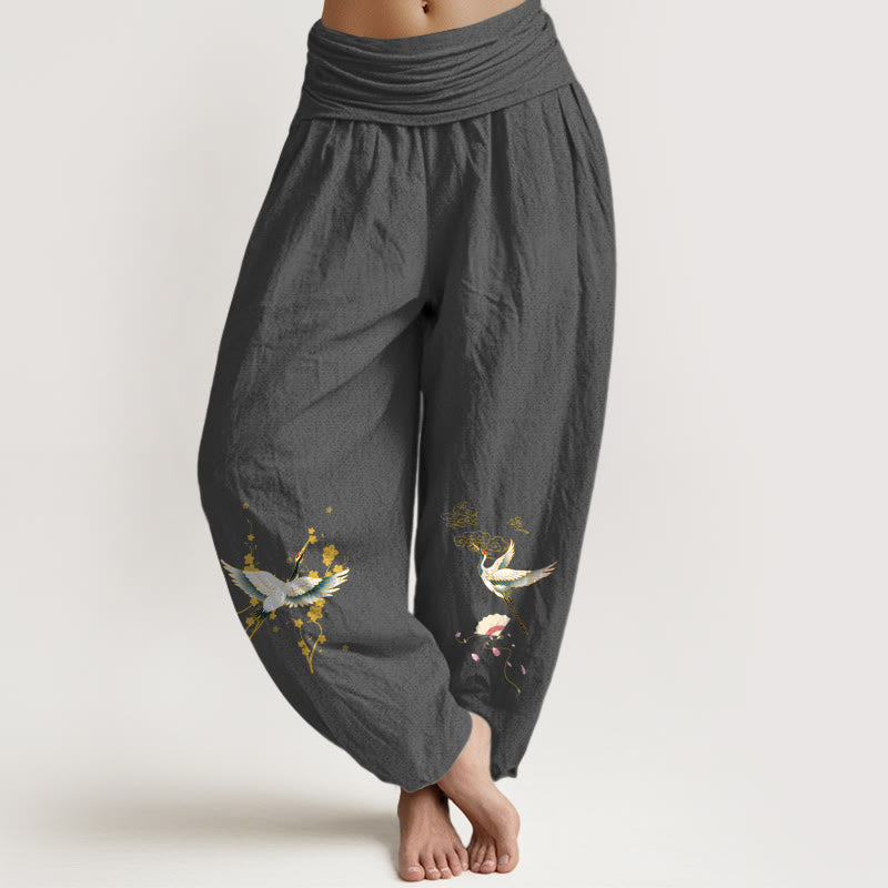 Buddha Stones , Kranich, Glückswolken, Blumenmuster, Haremshose aus reiner Baumwolle mit elastischem Bund für Damen - DimGray - US16, UK/AU20, EU48 (3XL) - image 0