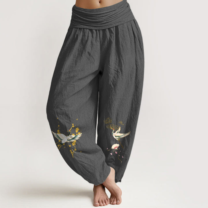 Buddha Stones , Kranich, Glückswolken, Blumenmuster, Haremshose aus reiner Baumwolle mit elastischem Bund für Damen - DimGray - US16, UK/AU20, EU48 (3XL) - image 0