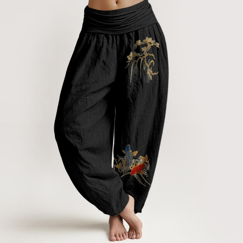 Buddha Stones Haremshose aus reiner Baumwolle mit Kiefern- und Koi-Fischmuster, elastischer Bund, Damen - Schwarz - US16, UK/AU20, EU48 (3XL) - image 0