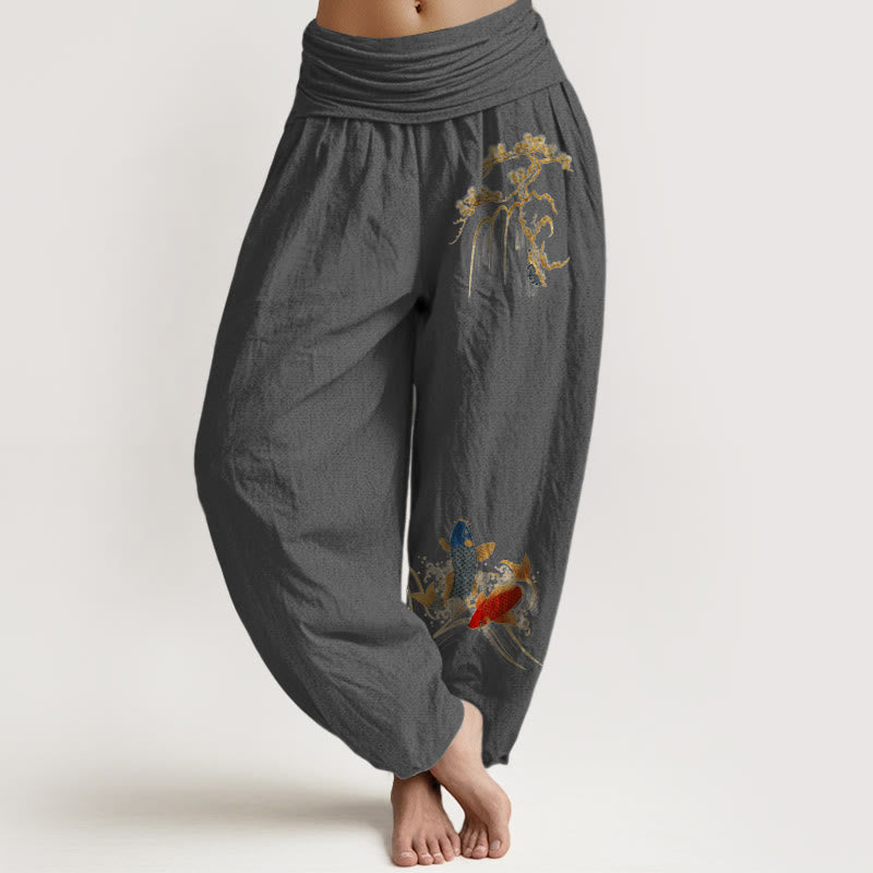 Buddha Stones Haremshose aus reiner Baumwolle mit Kiefern- und Koi-Fischmuster, elastischer Bund, Damen - DimGray - US16, UK/AU20, EU48 (3XL) - image 8