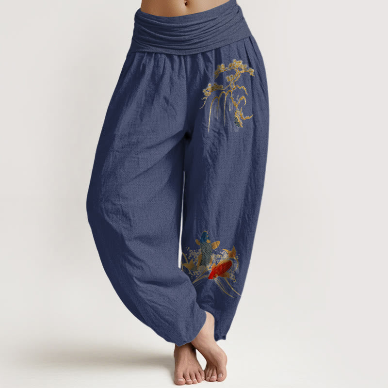 Buddha Stones Haremshose aus reiner Baumwolle mit Kiefern- und Koi-Fischmuster, elastischer Bund, Damen - Dunkelschieferblau - US16, UK/AU20, EU48 (3XL) - image 5