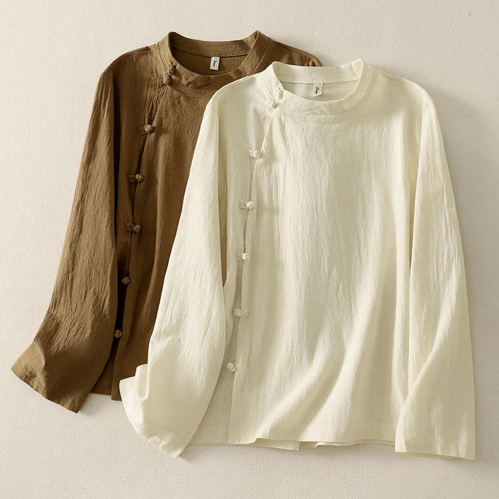 Buddha Stones ​​Asymmetrisches Langarm-Baumwollhemd mit Froschknopfleiste vorne - Dunkelgoldenrod - US 8-10, UK/AU 12-14, EU 40-42 (2XL) - image 0