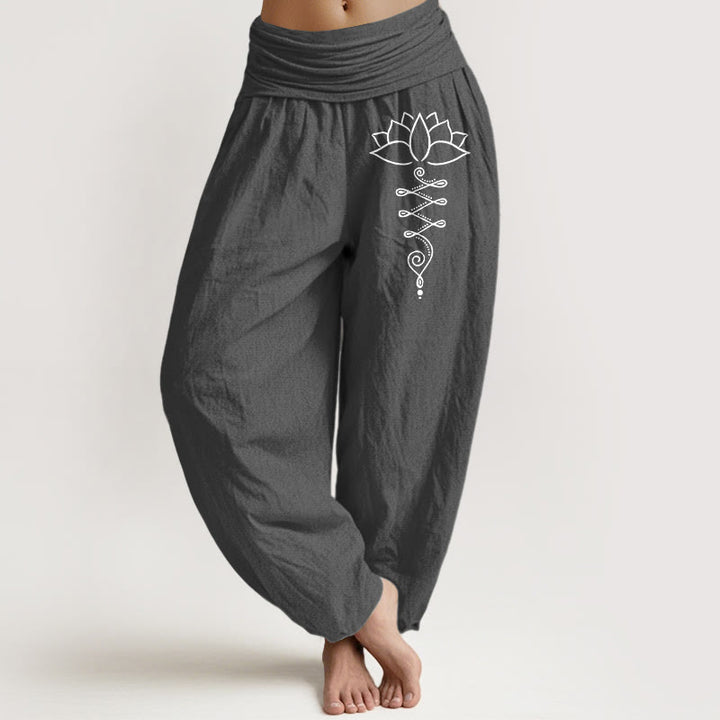 Buddha Stones, Unalome-Symbol, Lotusblumenmuster, Damen-Haremshose aus Baumwolle mit elastischem Bund - DimGray - US16, UK/AU20, EU48 (3XL) - image 0