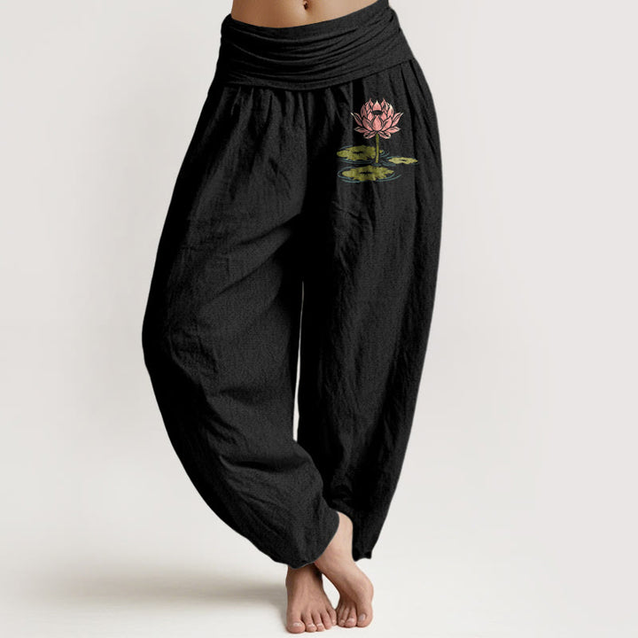 Buddha Stones Haremshose aus reiner Baumwolle mit Lotusblumenmuster und elastischem Bund für Damen - Schwarz - US16, UK/AU20, EU48 (3XL) - image 0