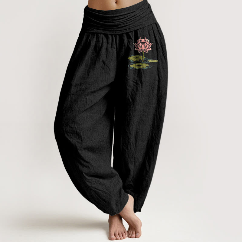 Buddha Stones Haremshose aus reiner Baumwolle mit Lotusblumenmuster und elastischem Bund für Damen - Schwarz - US16, UK/AU20, EU48 (3XL) - image 0