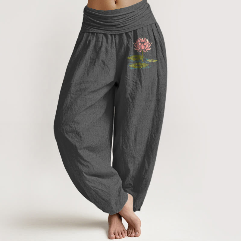 Buddha Stones Haremshose aus reiner Baumwolle mit Lotusblumenmuster und elastischem Bund für Damen - DimGray - US16, UK/AU20, EU48 (3XL) - image 8