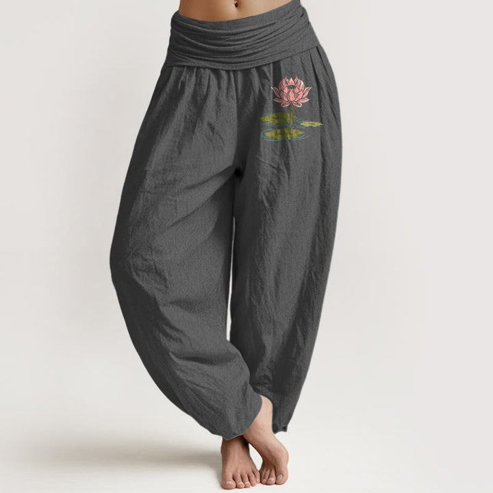 Buddha Stones Haremshose aus reiner Baumwolle mit Lotusblumenmuster und elastischem Bund für Damen - DimGray - US16, UK/AU20, EU48 (3XL) - image 8