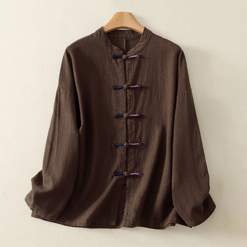 Buddha Stones, schlichtes chinesisches Langarm-T-Shirt mit Froschknopfverschluss, Damen-Baumwoll-Leinen-Mischgewebe, Zen-Stil - image 1