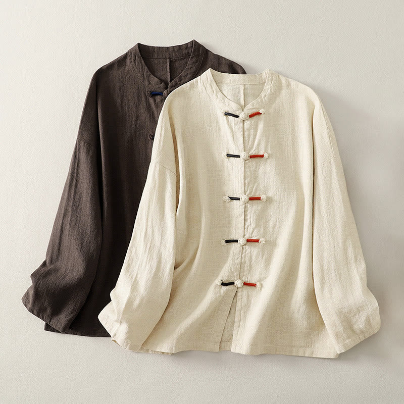 Buddha Stones, schlichtes chinesisches Langarm-T-Shirt mit Froschknopfverschluss, Damen-Baumwoll-Leinen-Mischgewebe, Zen-Stil - Sattelbraun - US 8-10, UK/AU 12-14, EU 40-42 (2XL) - image 0