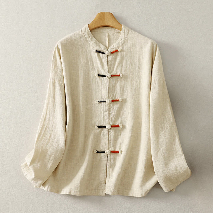 Buddha Stones, schlichtes chinesisches Langarm-T-Shirt mit Froschknopfverschluss, Damen-Baumwoll-Leinen-Mischgewebe, Zen-Stil - Beige - US 8-10, UK/AU 12-14, EU 40-42 (2XL) - image 6