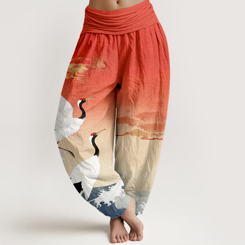 Buddha Stones , reine Baumwolle, Kraniche, Glückverheißende Wolken, Ozean – Damen-Haremshose mit elastischem Bund - Tomate - US16, UK/AU20, EU48 (3XL) - image 0