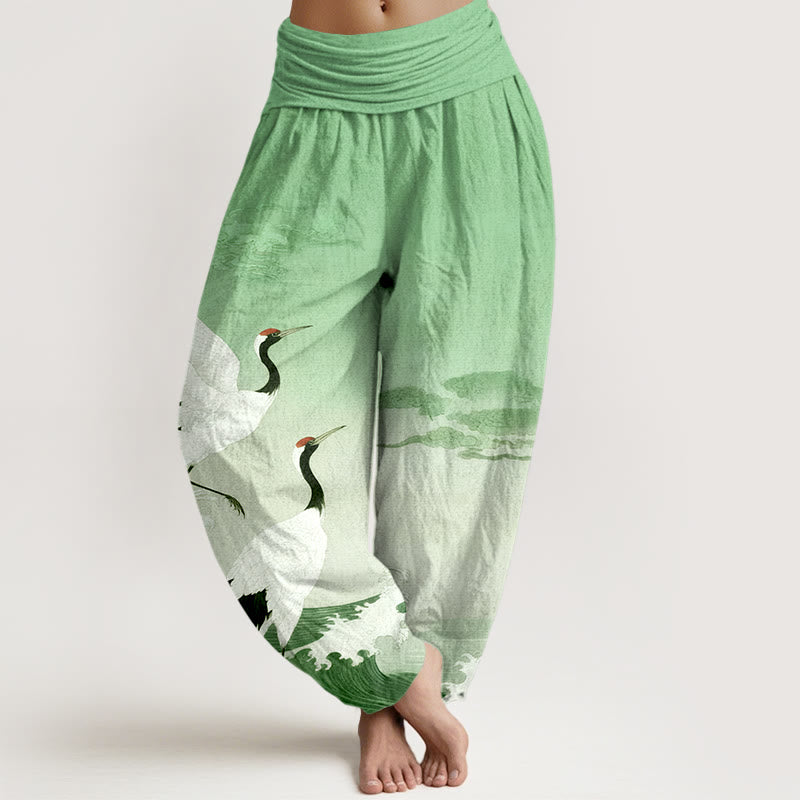 Buddha Stones , reine Baumwolle, Kraniche, Glückverheißende Wolken, Ozean – Damen-Haremshose mit elastischem Bund - Hellgrün - US16, UK/AU20, EU48 (3XL) - image 5