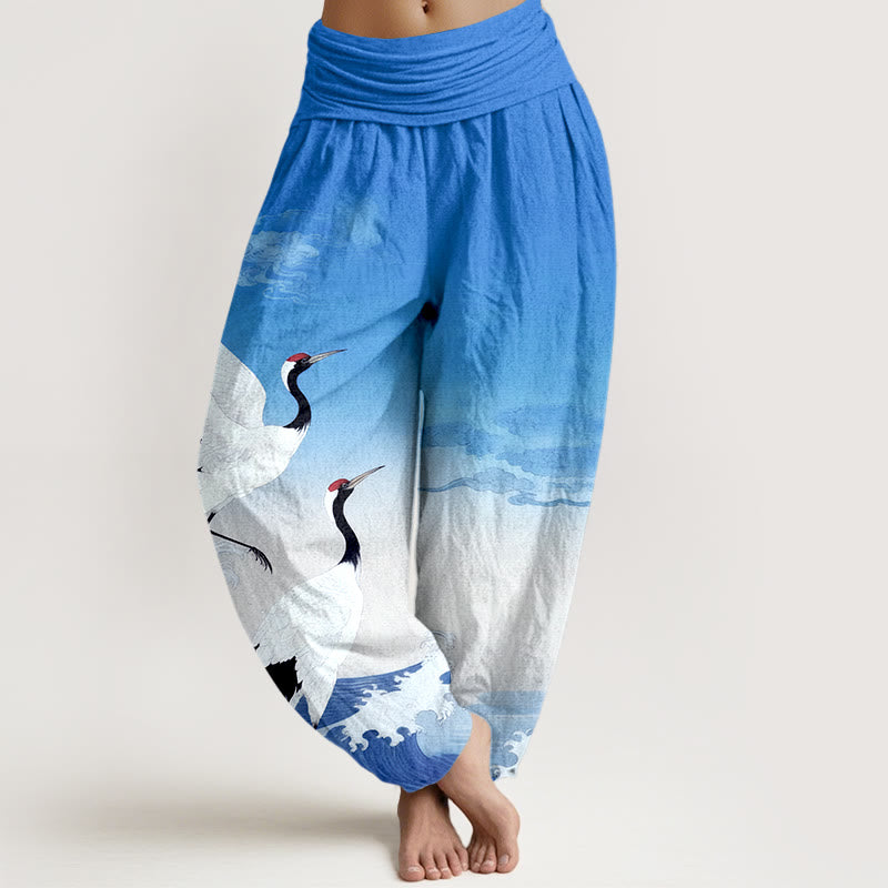 Buddha Stones , reine Baumwolle, Kraniche, Glückverheißende Wolken, Ozean – Damen-Haremshose mit elastischem Bund - Hellblau - US16, UK/AU20, EU48 (3XL) - image 8