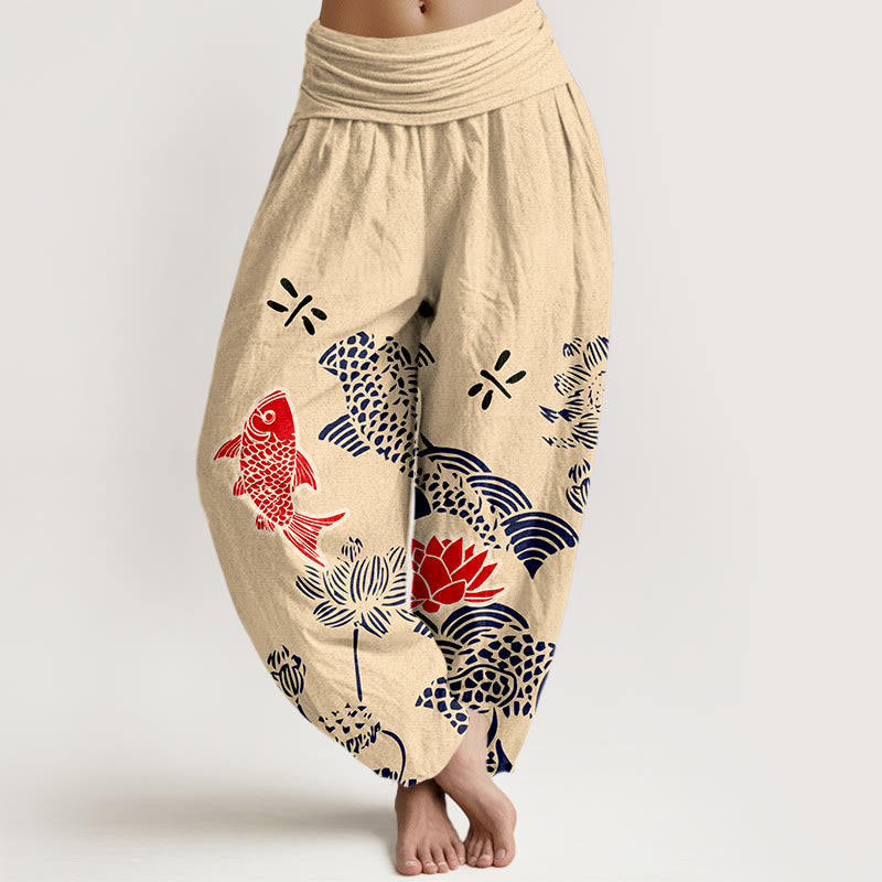 Buddha Stones, Koi-Fische, Lotusblumen, Ozean – Damen-Haremshose aus reiner Baumwolle mit elastischem Bund - Papaya-Sahne - US16, UK/AU20, EU48 (3XL) - image 0