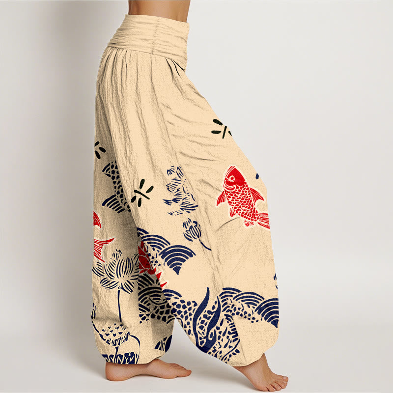 Buddha Stones, Koi-Fische, Lotusblumen, Ozean – Damen-Haremshose aus reiner Baumwolle mit elastischem Bund - image 2