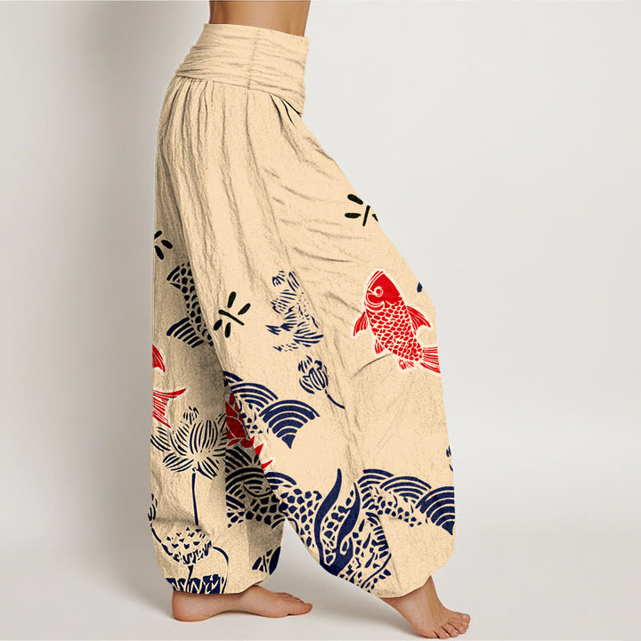 Buddha Stones, Koi-Fische, Lotusblumen, Ozean – Damen-Haremshose aus reiner Baumwolle mit elastischem Bund - image 2