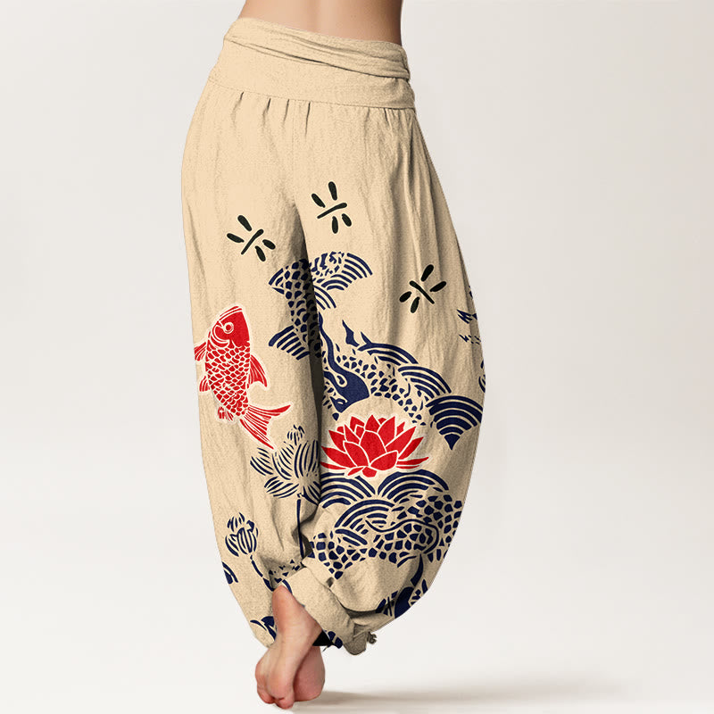 Buddha Stones, Koi-Fische, Lotusblumen, Ozean – Damen-Haremshose aus reiner Baumwolle mit elastischem Bund - image 1