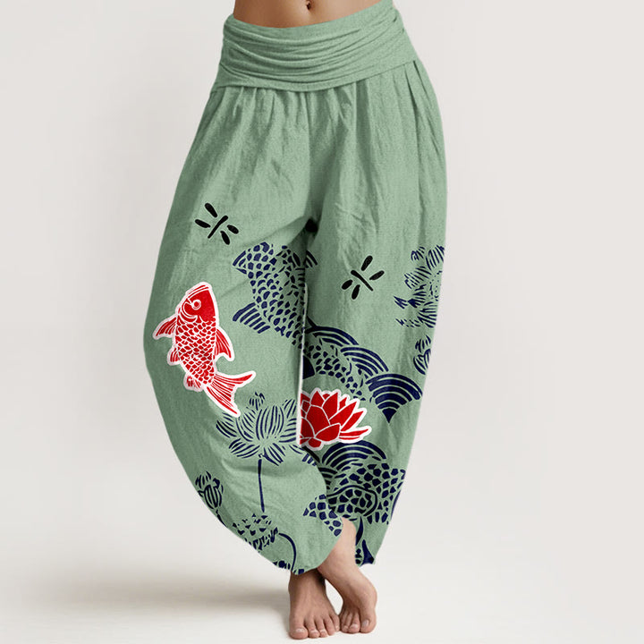 Buddha Stones, Koi-Fische, Lotusblumen, Ozean – Damen-Haremshose aus reiner Baumwolle mit elastischem Bund - Mittelaquamarin - US16, UK/AU20, EU48 (3XL) - image 5