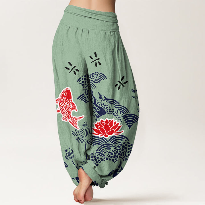 Buddha Stones, Koi-Fische, Lotusblumen, Ozean – Damen-Haremshose aus reiner Baumwolle mit elastischem Bund - image 6