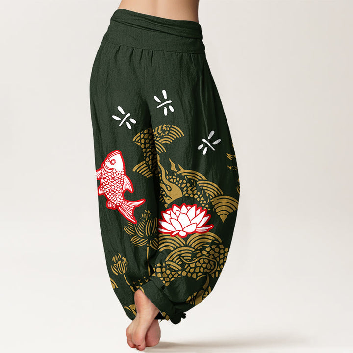Buddha Stones, Koi-Fische, Lotusblumen, Ozean – Damen-Haremshose aus reiner Baumwolle mit elastischem Bund - image 9