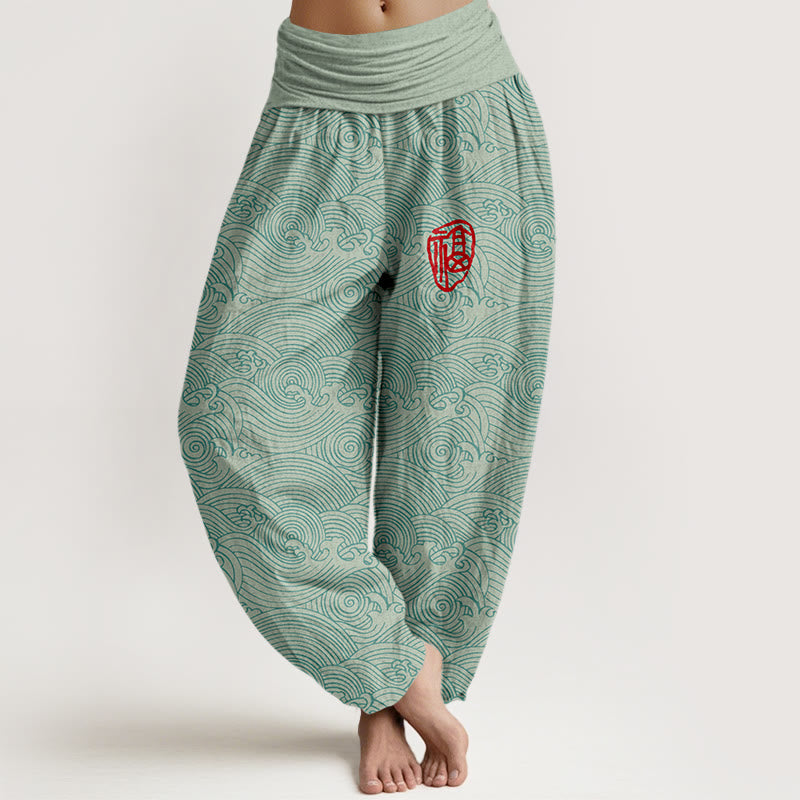 Buddha Stones , reine Baumwolle, Fu-Charakter, Ozeanwellen, Damen-Haremshose mit elastischem Bund - Aquamarin - US16, UK/AU20, EU48 (3XL) - image 0