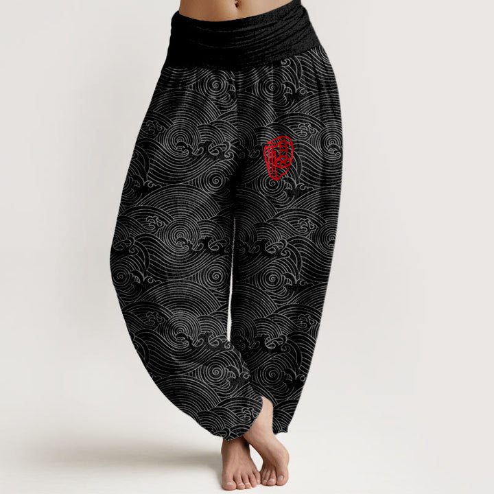 Buddha Stones , reine Baumwolle, Fu-Charakter, Ozeanwellen, Damen-Haremshose mit elastischem Bund - Schwarz - US16, UK/AU20, EU48 (3XL) - image 8
