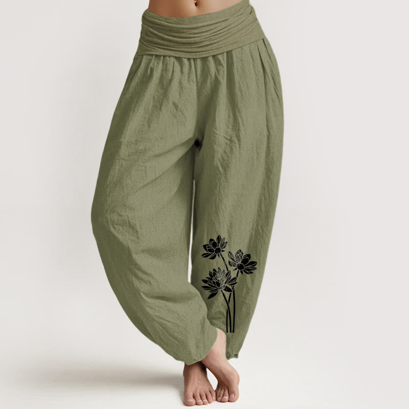Lässige Haremshose aus Baumwolle mit Buddha Stones und drei Lotusblumenmuster, elastischem Bund, Damenmotiv - Olivgrün - US16, UK/AU20, EU48 (3XL) - image 8