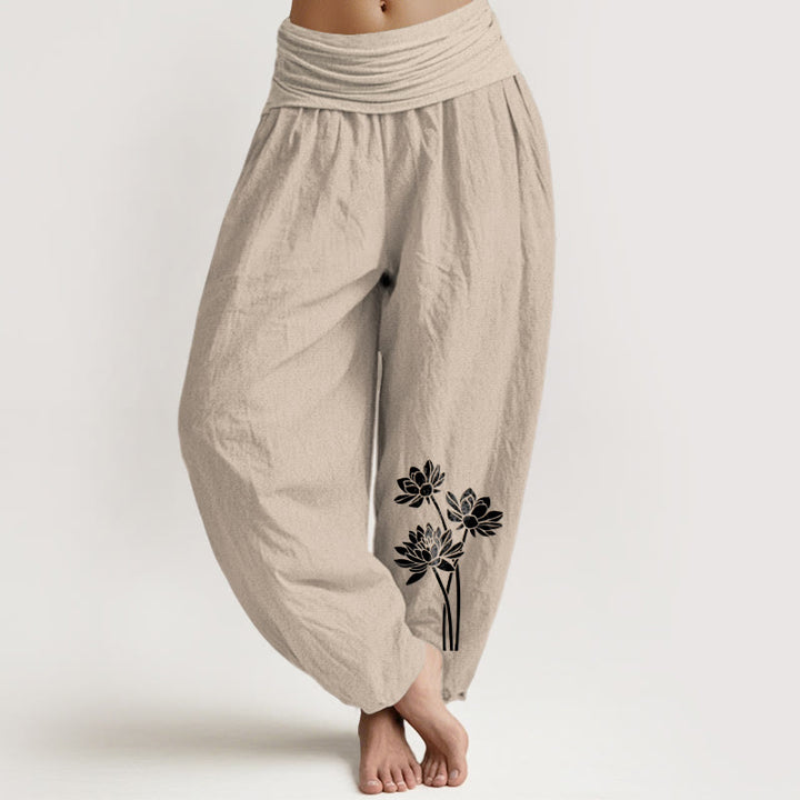 Lässige Haremshose aus Baumwolle mit Buddha Stones und drei Lotusblumenmuster, elastischem Bund, Damenmotiv - Bräunen - US16, UK/AU20, EU48 (3XL) - image 5