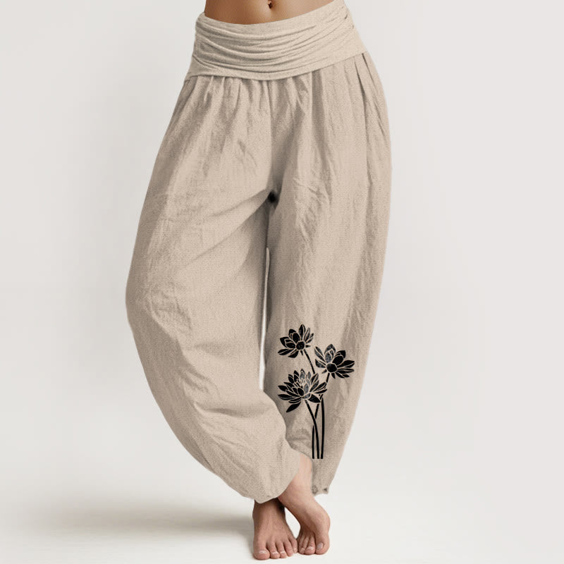 Lässige Haremshose aus Baumwolle mit Buddha Stones und drei Lotusblumenmuster, elastischem Bund, Damenmotiv - Bräunen - US16, UK/AU20, EU48 (3XL) - image 5