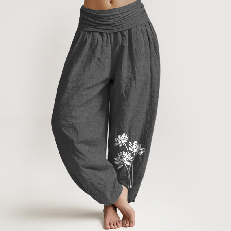Lässige Haremshose aus Baumwolle mit Buddha Stones und drei Lotusblumenmuster, elastischem Bund, Damenmotiv - DimGray - US16, UK/AU20, EU48 (3XL) - image 0