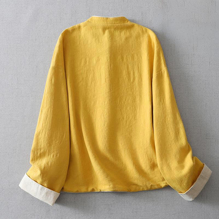 Buddha Stones Damen-Jacke aus schlichtem Jacquard-Baumwoll-Leinen-Mischgewebe mit Stehkragen, langen Ärmeln und Taschen - image 3