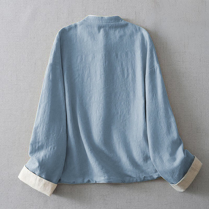 Buddha Stones Damen-Jacke aus schlichtem Jacquard-Baumwoll-Leinen-Mischgewebe mit Stehkragen, langen Ärmeln und Taschen - image 8